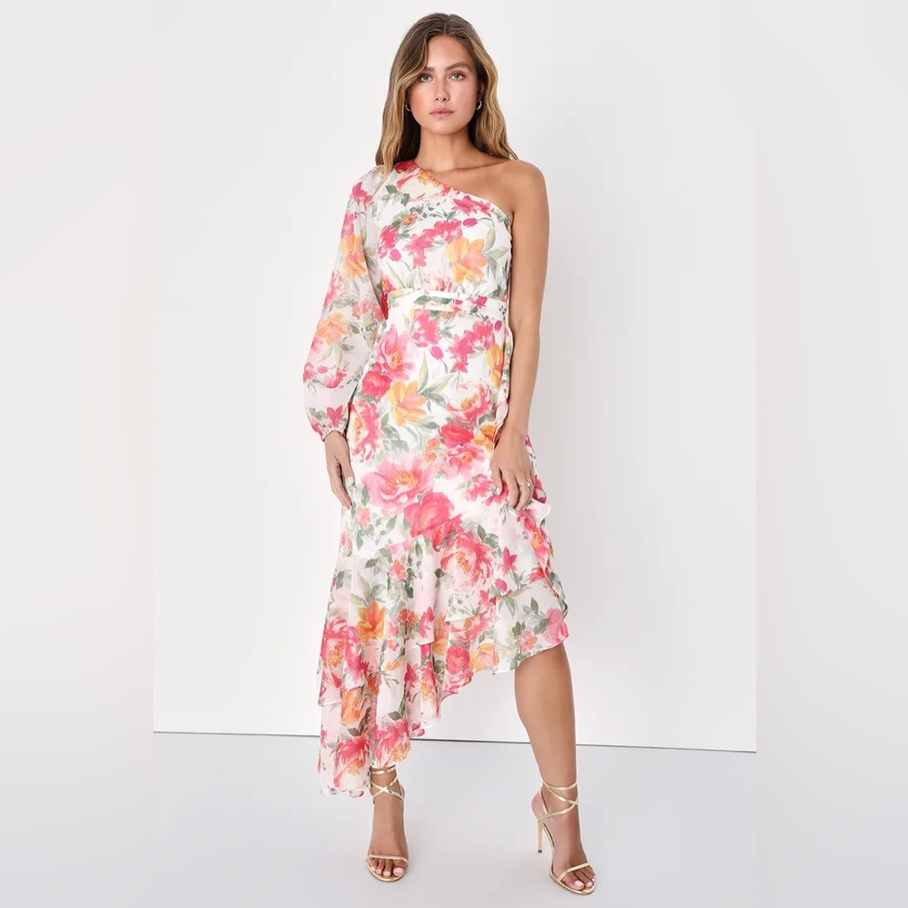 Lulu's Floral One-Shoulder Midi Dress - Pink and White